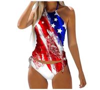Generisch Conjunto de tankini de moda para mujer con cordones de moda estampado llamativo para viajes de baño de verano, Rojo sandía, L