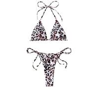 Generisch Conjunto de traje de baño para mujer con aplique de encaje, corte de pierna, tankini, parte superior de bikini y pantalones en Tie-Dye para vacaciones en la playa, piscina, marrón, M
