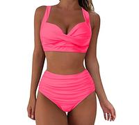 Generisch Conjunto de trajes de baño para mujer, bikini, parte superior, push up, push up, dos piezas, traje de baño para mujer, traje de baño retro, triángulo, banda ancha bajo el pecho, #5-Rosa, XL