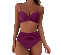 Generisch Conjunto de trajes de baño para mujer, bikini, parte superior, push up, push up, dos piezas, traje de baño para mujer, traje de baño retro, triángulo, banda ancha bajo el pecho, #1-vino, XL
