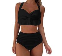 Generisch Conjunto de trajes de baño para mujer, bikini, parte superior, push up, push up, dos piezas, traje de baño para mujer, traje de baño retro, triángulo, banda ancha bajo el pecho, #6-negro, XL