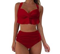 Generisch Conjunto de trajes de baño para mujer, bikini, parte superior, push up, push up, dos piezas, traje de baño para mujer, traje de baño retro, triángulo, banda ancha bajo el pecho, #6-vino, XL