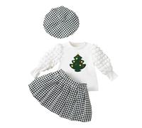 Generisch Conjunto de trajes de Navidad para niña de invierno, manga de moda, falda plisada, sombrero coordinado, ropa para niños pequeños, vestido de fiesta de vacaciones, verde, 3-4 años
