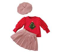 Generisch Conjunto de trajes de Navidad para niña de invierno, manga de moda, falda plisada, sombrero coordinado, ropa para niños pequeños, vestido de fiesta de vacaciones, rojo, 6-7 años