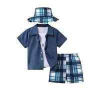 Generisch Conjunto de verano para chicos con camisa a cuadros de manga corta y bermudas y gorro a juego, ligeramente transpirable, para excursiones familiares, días de playa y vacaciones infantiles