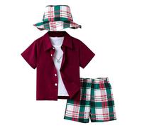 Generisch Conjunto de verano para chicos de 3 piezas con camisa de pana, pantalones cortos a cuadros y sombrero de pescador. Un atuendo retro elegante para una sesión de fotos familiar o una