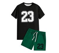 Generisch Conjunto de verano para hombre con diseño de impresión, traje de ocio de dos piezas, cuello redondo, camiseta corta con cordón para hombres activos, Verde oscuro., M