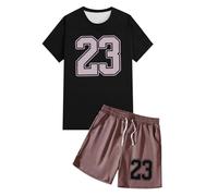 Generisch Conjunto de verano para hombre con diseño de impresión, traje de ocio de dos piezas, cuello redondo, camiseta corta con cordón para hombres activos, café, XL