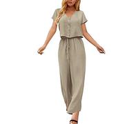 Generisch Conjunto de verano para mujer, algodón y lino con cierre de botones, manga corta para una elegancia moderna, caqui, 3XL