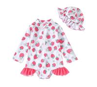 Generisch Conjunto de verano para niñas pequeñas con manga larga traje de baño gorra de fresa estampado volantes adorno vacaciones playa piscina, rojo, 18-24 meses