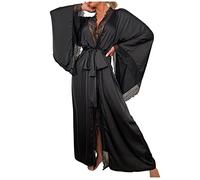 Generisch Conjunto sexy para mujer, bata de seda con ribete de plumas sedosas, albornoz largo con corbata, camisón sexy para mujer, Negro , S