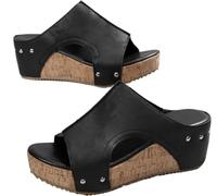 Generisch Cork Wedges & Platform Slides Women's Thick Sole Comfy Leather Wedge Non-slip Summer Sandals Cork Sandals, Negro , 42 EU