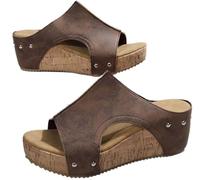 Generisch Cork Wedges & Platform Slides Women's Thick Sole Comfy Leather Wedge Non-slip Summer Sandals Cork Sandals, marrón, 36 EU