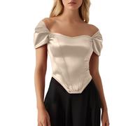 Generisch Corsé Top Mujer Body sin hombros con corpiño de pierna de pescado parte superior de satén elegante fiesta club ropa festiva boda moda noche top mujer ropa vintage corsé con cordones, beige
