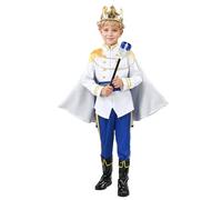 Generisch Cosplay niño niño príncipe encantador trajes niño medieval real fiesta ropa con parte superior pantalones blanco capa cinturón negro cubiertas de zapatos corona y cetro 7 piezas
