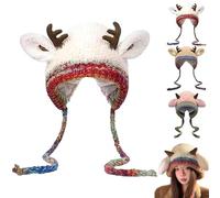Generisch Creative Antler Hat & Bag 2 in 1, Foldable Reindeer Knitted Winter Beanie Handbag for Women & Men (White)
