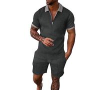 Generisch Cremallera Old Money Style Hombre Camisa Activewear con bolsillos Joggers Gym Top Casual Running Sport Sweat Hombres Chándal Conjunto de 2 Piezas Pantalones Polo Camisa Botón Manga Corta
