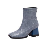 Generisch Cremallera trasera con punta cuadrada gruesa tacón botines mujer jinete 38, azul, 37 EU