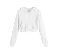 Generisch Cropped - Sudadera con capucha para mujer, de algodón, corta, suelta, informal, de forro polar, color liso, para adolescentes, exteriores, manga larga, Blanco, XXL