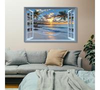 Generisch Cuadros grandes en lienzo de 50 x 100 cm, póster con vistas al mar, palmeras delante de la ventana, impresiones artísticas de pared, cuadros modernos para salón, lienzo decorativo para