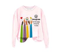 Generisch Cuello redondo de manga larga retro hippie All The People Living Life In Peace Impreso Top Sudadera con Capucha Oversized Jersey Adolescente, Rosa., M