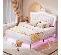 Generisch Cuna infantil con diseño de corona, 140 x 200 cm, con iluminación LED, piel sintética, patas más altas, somier y cabecero ajustable, estructura doble estable (colchón no incluido)