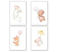 Generisch Damalia | 4 imágenes para habitación infantil | animales felices con flor | póster A4 sin marco de fotos | póster para habitación infantil | niña y niño | aprox. 21 x 30 cm | animales