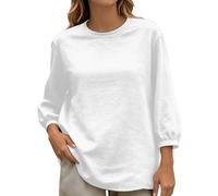 Generisch Damen 3/4-Arm Sweatshirt in Leinen-Optik ein lockeres Basic-Oberteil mit Rundhalsausschnitt für das Homeoffice oder als Lagenlook., Style_a07 Blanco, M