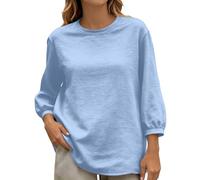Generisch Damen 3/4-Arm Sweatshirt in Leinen-Optik ein lockeres Basic-Oberteil mit Rundhalsausschnitt für das Homeoffice oder als Lagenlook., Style_a05 Blue, M