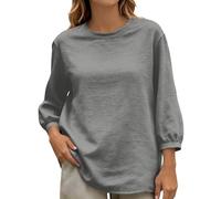 Generisch Damen 3/4-Arm Sweatshirt in Leinen-Optik ein lockeres Basic-Oberteil mit Rundhalsausschnitt für das Homeoffice oder als Lagenlook., Style_a04 gris, M