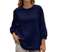 Generisch Damen 3/4-Arm Sweatshirt in Leinen-Optik ein lockeres Basic-Oberteil mit Rundhalsausschnitt für das Homeoffice oder als Lagenlook., Style_a02 Blue, M