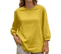 Generisch Damen 3/4-Arm Sweatshirt in Leinen-Optik ein lockeres Basic-Oberteil mit Rundhalsausschnitt für das Homeoffice oder als Lagenlook., Style_a08 Amarillo, M