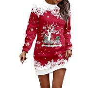 Generisch Damen Herbst und Winter Mode Weihnachtsdruck Rundhals Langarm Casual Kleid (Red, XXL)