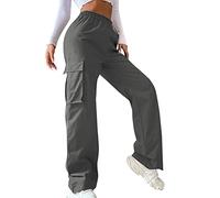 Generisch Damen-Hose mit Gürtel, weniger Hoch taillierte, Weit geschnittene Hose, gerades Bein, entspannte Hose, Freizeithose (Dark Gray, XXXL)