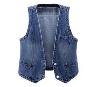 Generisch Damen Jeansweste Denim Freizeitweste Ärmellos mit Knöpfen Slim Fit V-Ausschnitt Einfarbig Retro für Alltag Outdoor Freizeitjacke Vintage Denim Trachten Westen Jeansjacke, azul, XXL