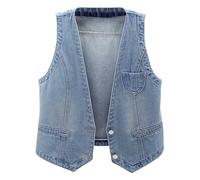 Generisch Damen Jeansweste Denim Freizeitweste Ärmellos mit Knöpfen Slim Fit V-Ausschnitt Einfarbig Retro für Alltag Outdoor Freizeitjacke Vintage Denim Trachten Westen Jeansjacke, azul claro, 4XL