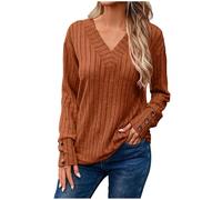 Generisch Damen Langarmshirt mit V-Ausschnitt Design für Winter Mode Einfarbige Strickoberteil mit Knopfleiste Details, naranja, L