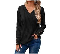 Generisch Damen Langarmshirt mit V-Ausschnitt Design für Winter Mode Einfarbige Strickoberteil mit Knopfleiste Details, Negro , L