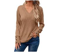Generisch Damen Langarmshirt mit V-Ausschnitt Design für Winter Mode Einfarbige Strickoberteil mit Knopfleiste Details, café, L