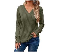 Generisch Damen Langarmshirt mit V-Ausschnitt Design für Winter Mode Einfarbige Strickoberteil mit Knopfleiste Details, verde, L