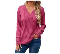 Generisch Damen Langarmshirt mit V-Ausschnitt Design für Winter Mode Einfarbige Strickoberteil mit Knopfleiste Details, rojo, XL