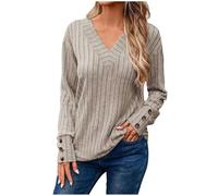 Generisch Damen Langarmshirt mit V-Ausschnitt Design für Winter Mode Einfarbige Strickoberteil mit Knopfleiste Details, beige, XL