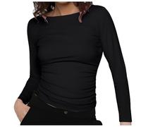 Generisch Damen Plus Size Tops mit U-Boot-Ausschnitt langärmig lässig tailliert einfarbig Basic bequem modische vielseitig Herbstbekleidung für den Alltag das Büro in der Übergangszeit, Negro , XL