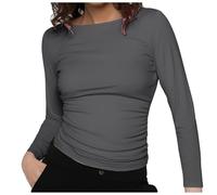 Generisch Damen Plus Size Tops mit U-Boot-Ausschnitt langärmig lässig tailliert einfarbig Basic bequem modische vielseitig Herbstbekleidung für den Alltag das Büro in der Übergangszeit, gris, L