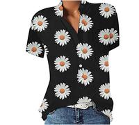 Generisch Damen Tops V-Ausschnitt Bluse Kurzarm T-Shirts Mode Loose Fit Blumendruck Tunika Tops (Black, M)