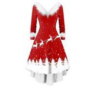 Generisch Damen Weihnachten Langarm V-Kragen Asymmetrisches Partykleid (White, XXL)