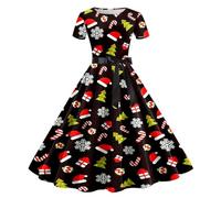 Generisch Damen Weihnachtsdruck Kurzarm 1950er Abendkleid Party Ballkleid (Black, XL)
