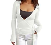 Generisch Damen Wickeltop mit Bindeband, langärmelig, tiefer V-Ausschnitt, bauchfreies Shirt, schmale Passform, Tanz-, Fee, Yoga, Workout, Bluse (White, L)