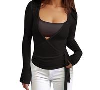 Generisch Damen Wickeltop mit Bindeband, langärmelig, tiefer V-Ausschnitt, bauchfreies Shirt, schmale Passform, Tanz-, Fee, Yoga, Workout, Bluse (Black, S)