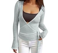 Generisch Damen Wickeltop mit Bindeband, langärmelig, tiefer V-Ausschnitt, bauchfreies Shirt, schmale Passform, Tanz-, Fee, Yoga, Workout, Bluse (Grey, M)